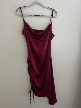 Women's Burgundy Cowl Neck Slip Dress with Pull to Hike up Side